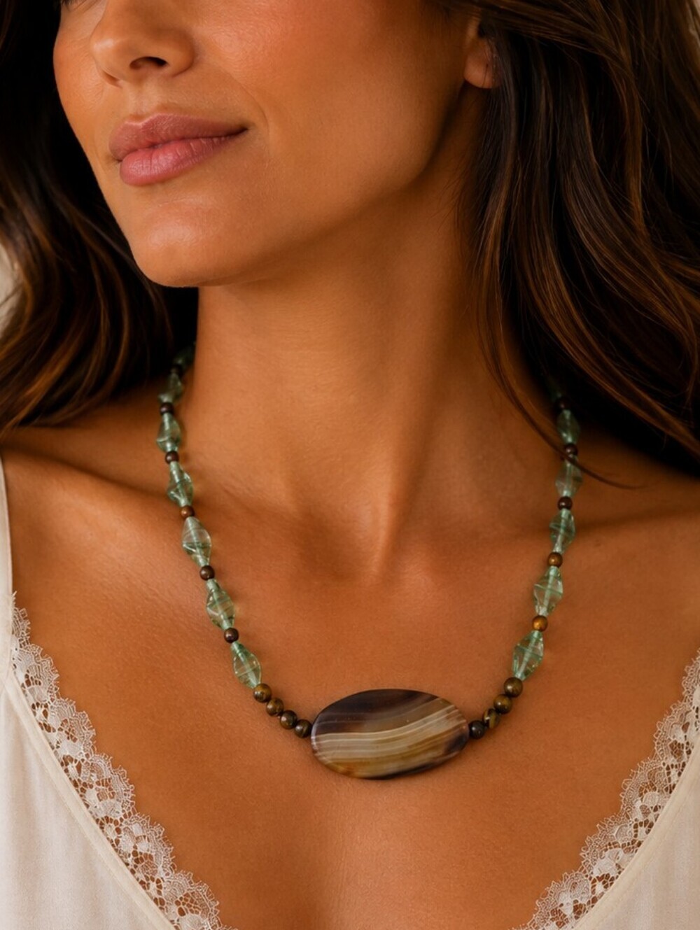 HANDMADE Brown Tiger Eye Green Czech Glass Agate Focal Beaded Necklace